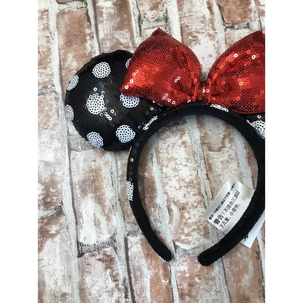 Disney Parks - Classic Minnie Mouse Sequined Headband Black Ears Red Bow.